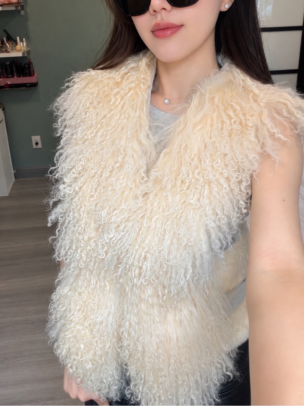 Vintage Mongolian Lamb Rabbit Fur Vest Ivory Cream XS